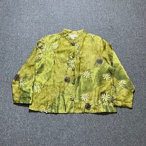 Vintage The Travel Collection Silk Jacket 1X Green Floral Embroidered Boho Y2K